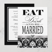 飲食べみな結婚したがら-黒/白ダマスク 招待状 (正面/裏面)