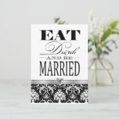飲食べみな結婚したがら-黒/白ダマスク 招待状 (スタンド正面)