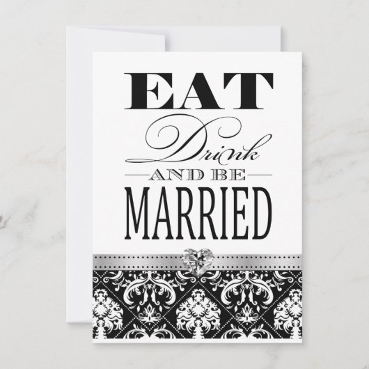 飲食べみな結婚したがら-黒/白ダマスク 招待状 (正面)