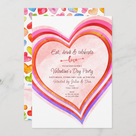 飲食べみ物と愛のハート水の色のバレンタインのパーティー 招待状 (正面/裏面)