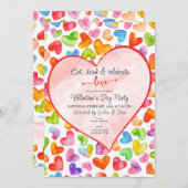 飲食べみ物と愛の水の色のハートバンタインパーティー 招待状 (正面/裏面)