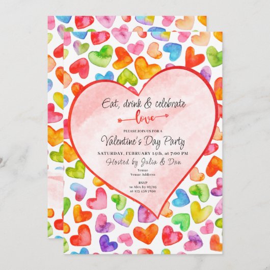 飲食べみ物と愛の水の色のハートバンタインパーティー 招待状 (正面/裏面)