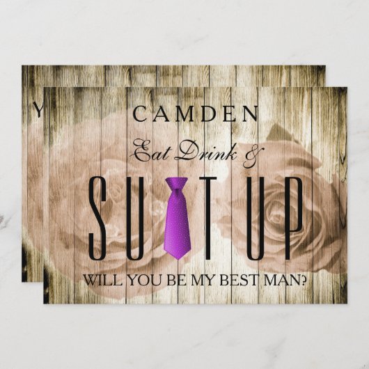 飲食べみ物&スーツケース木製あなたが私のベストマンになる 招待状 (正面/裏面)