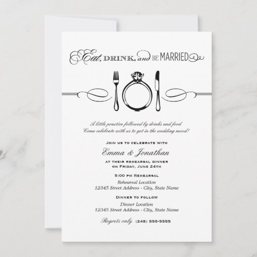 飲食べみ酒と黒のリハ結婚したーサルディナー 招待状 (正面)