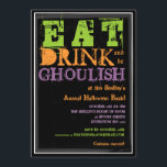飲食べみ飲み満杯！ハローウィンパーティ 招待状<br><div class="desc">招待状の友達を食べに招待し、飲んで、城で怖がらせるおもしろいの夜のためにハローウィンパーティ。おもしろいの色合いのスライムグリーン、カボチャのオレンジ、不気味な紫色の全てをジェットブラックの背景に簡単に文字領域を備えカスタマイズ、あなたの情報でパーソナライズする。背中に十分なスペースも自分の追加の文字を追加する。</div>