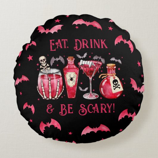 飲食べんで怖いハロウィーンカクテル ラウンドクッション (正面)