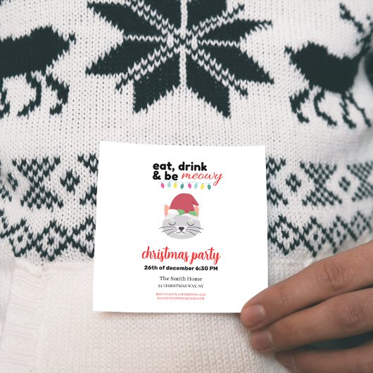 飲食べんでMeowy Cartoon Santa Cat Christmas 招待状