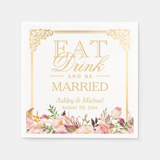 飲食べ結婚した料とベーヴィンテージ金ゴールドフレームフローラ スタンダードカクテルナプキン (正面)