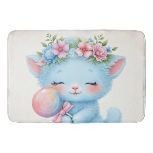飴を持つかわいい子猫の花柄イラスト バスマット (正面)