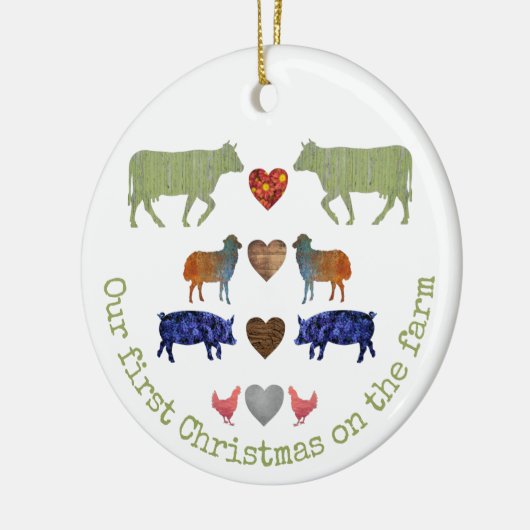 飼いカラフル主の動物がかわいい初めて家族のクリスマス  セラミックオーナメント (左)