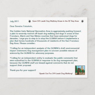 飼い犬のリード外し散歩を守れ 上院議員フェインスタイン ポストカード