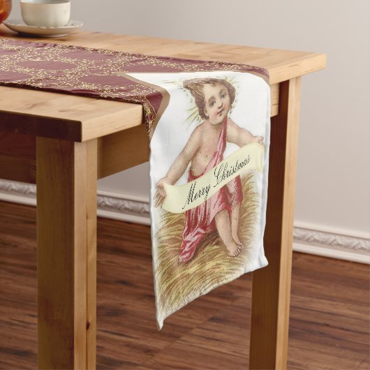 飼い葉桶のメリークリスマスのクリスマスのベビーイエス・キリスト ショートテーブルランナー (インサイチュ)