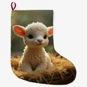 飼い葉桶の中の可愛い小羊 ラージクリスマスストッキング