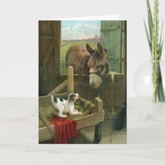 飼い葉桶の古い納屋周囲の庭のヴィンテージのろば及び小犬 シーズンカード (正面)