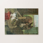 飼い葉桶の古い納屋周囲の庭のヴィンテージのろば及び小犬 ジグソーパズル (横)