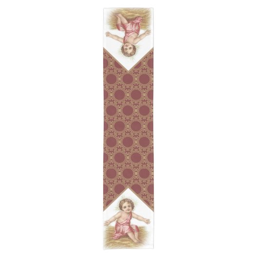 飼い葉桶の金ゴールドのあずき色のクリスマスのベビーイエス・キリスト ショートテーブルランナー (正面)