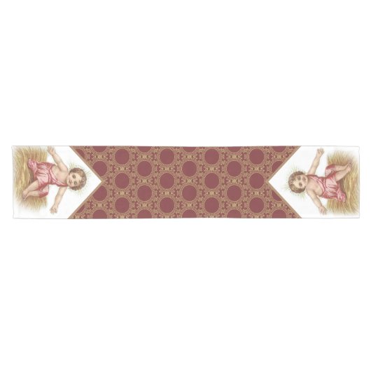 飼い葉桶の金ゴールドのあずき色のクリスマスのベビーイエス・キリスト ショートテーブルランナー (横)