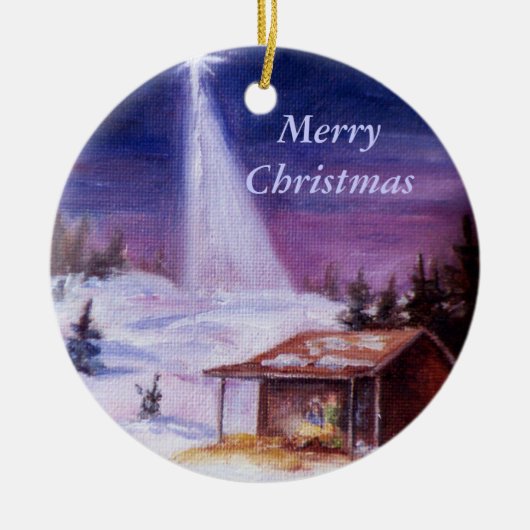 飼い葉桶、メリークリスマスで遠くに セラミックオーナメント (正面)