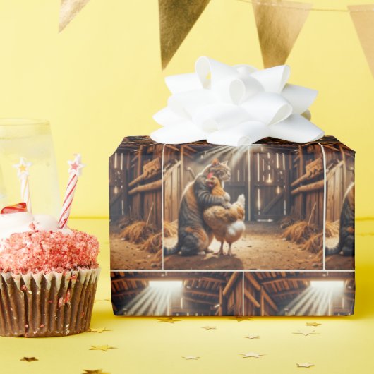 飼い鶏を抱き猫 ラッピングペーパー (誕生日パーティー)