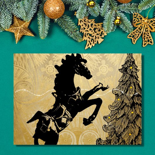 飼育馬とクリスマスツリーヴィンテージ休日 カード