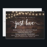 飾らない、ただ愛を、ストリングライトのこっそり結婚式 招待状<br><div class="desc">美しいシンプルさ ファンシーじゃない、ただ愛を、結婚式の秘密の誓いの発表/招待カード、 ラスティックな農家の暗い木の背景、ストリングライトのデザイン。 これは、あなたの結婚式の披露宴や結婚後のお祝いのパーティーに最適です。</div>