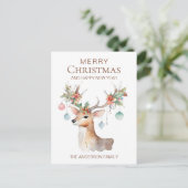 飾りお洒落付きトナカイの水色クリスマス ポストカード (スタンド正面)