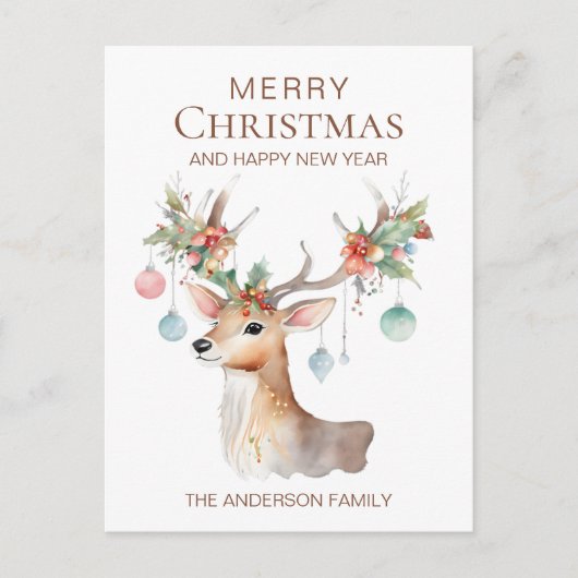 飾りお洒落付きトナカイの水色クリスマス ポストカード (正面)