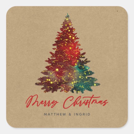 飾りクリスマスツリーメリークリスマス スクエアシール (正面)