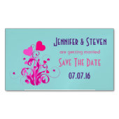 飾りピンクのハート日付を保存 マグネット名刺 (正面)