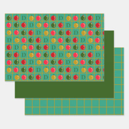 飾りモノグラムのビンゴグリーンレッドクリスマス ラッピングペーパーシート