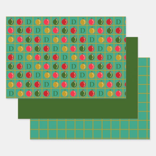 飾りモノグラムのビンゴグリーンレッドクリスマス ラッピングペーパーシート (セット)