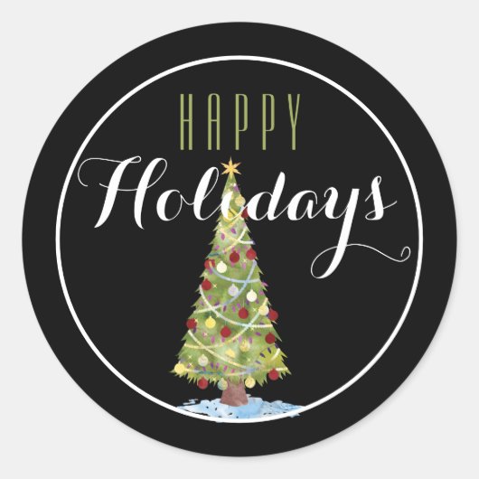 飾り付きクリスマスツリーHappy Holiday ラウンドシール (正面)