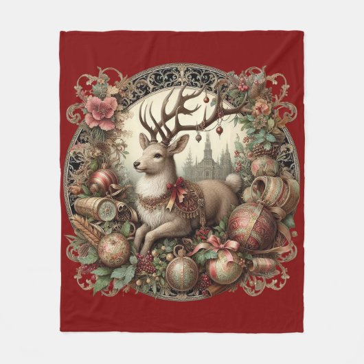 飾り付き鹿 フリースブランケット (正面)