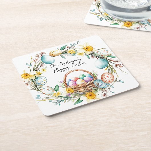 飾り卵と卵バスケットIフローライースター スクエアペーパーコースター (アングル)