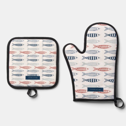 飾り地中海のイワシ名前をカスタムする 鍋つかみ&鍋敷きセット (正面)