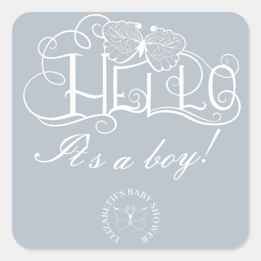 飾り文字こんにちは少年の青 スクエアシール (正面)