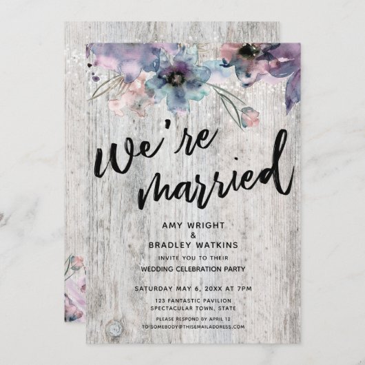 飾り気のない木の板 花 ライト 私たちは結婚しました 招待状 (正面/裏面)