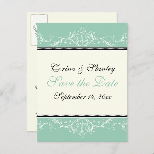 飾り玉、アイボリー結婚式の日付を保存 案内ポストカード (正面/裏面)