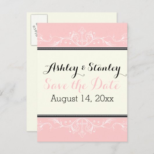 飾り縁どのピンクとアイボリーの日付を保存 案内ポストカード (正面/裏面)