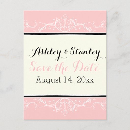 飾り縁どのピンクとアイボリーの日付を保存 案内ポストカード (正面)