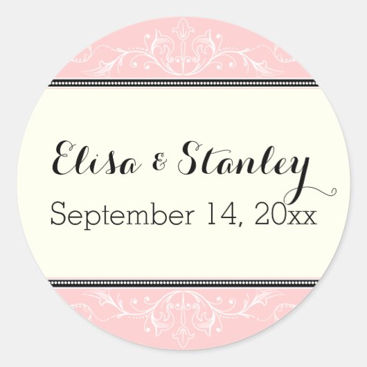 飾り縁どのピンクのアイボリー結婚式の日付を保存 ラウンドシール (正面)