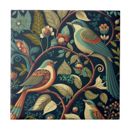 飾り花と鳥 タイル