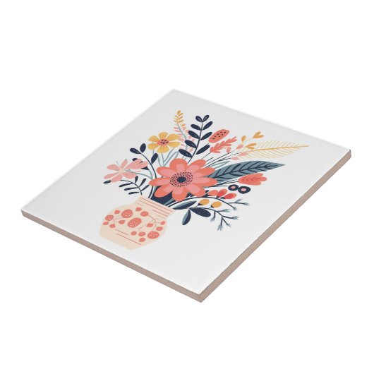 飾り花瓶と花図解入りの、写真付きの タイル (側面)