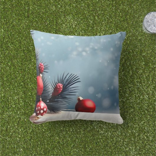 飾り雪の青と白ボールメリークリスマス アウトドアクッション (芝生)