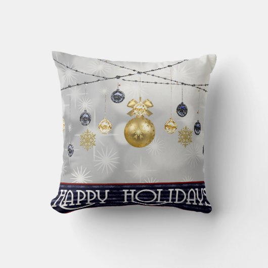 飾り雪の青と白ボールメリークリスマス クッション (正面)