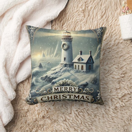 飾り雪の青と白ボールメリークリスマス クッション (ブランケット)