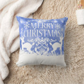 飾り雪の青と白ボールメリークリスマス クッション (ブランケット)