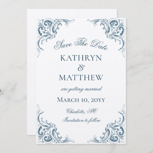 飾エレガントりバロック式結婚式の日付を保存 招待状 (正面/裏面)