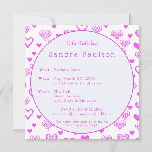 飾エレガントりピンクハート誕生会 招待状 (正面)