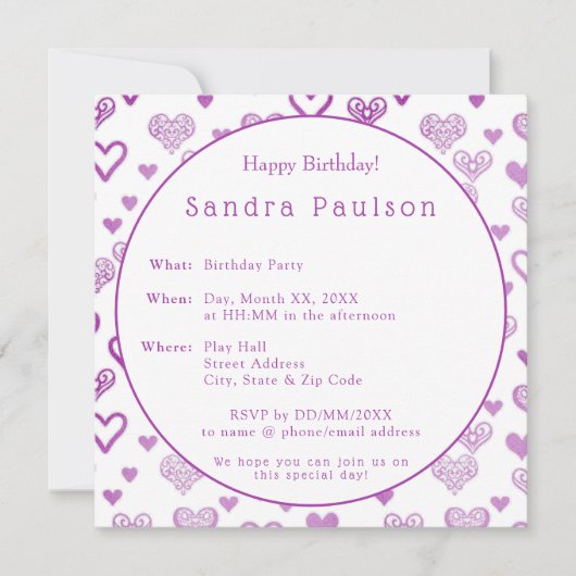 飾エレガントり紫ハート誕生会 招待状 (正面)